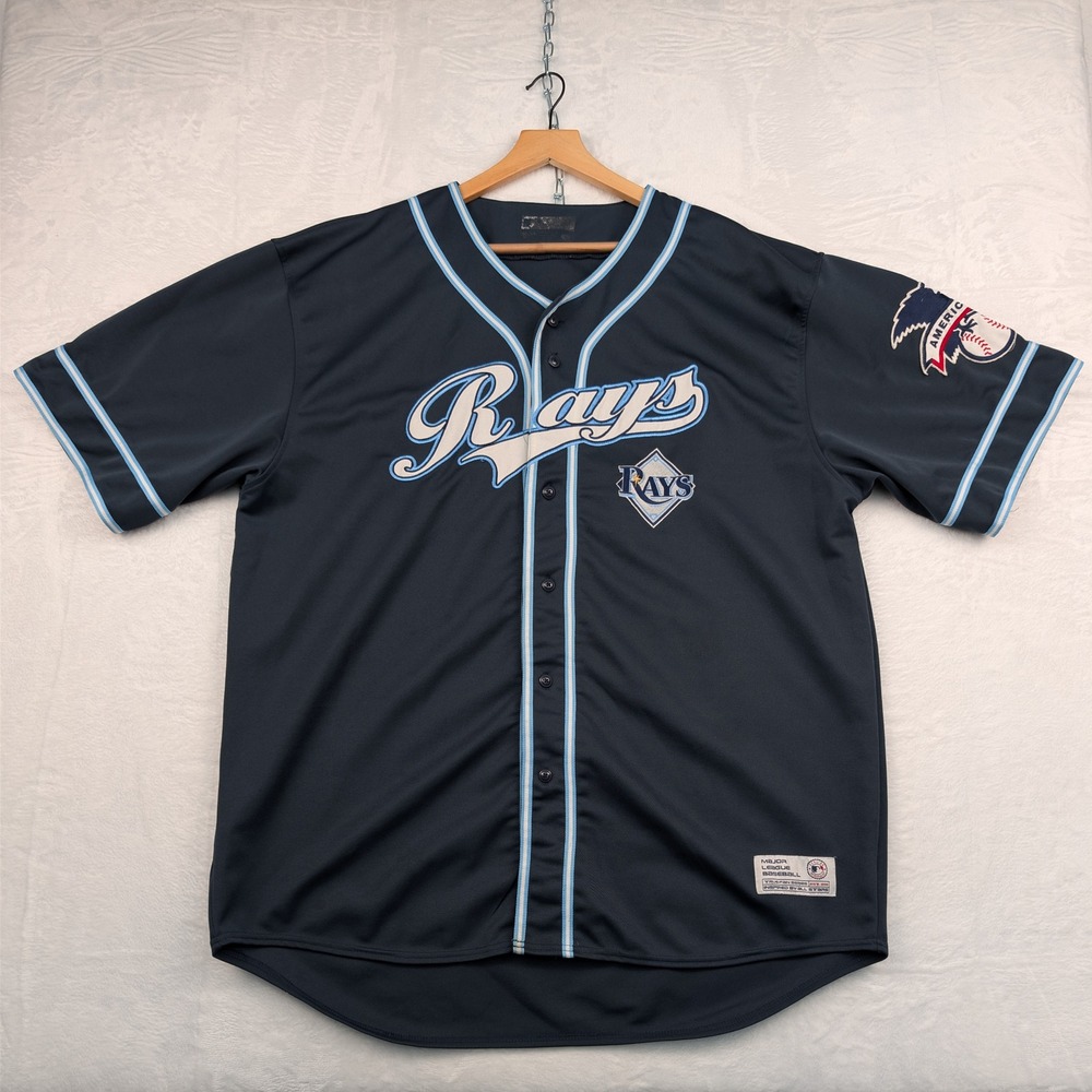 VTG Tampa Bay Rays MLB Jersey Mens 2XL Navy Blue Embroidered Baseball Sports Y2K